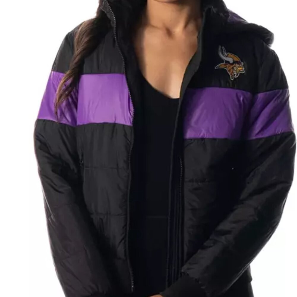 The Wild Collective Women's Minnesota Vikings Black Hooded Puffer Jacket